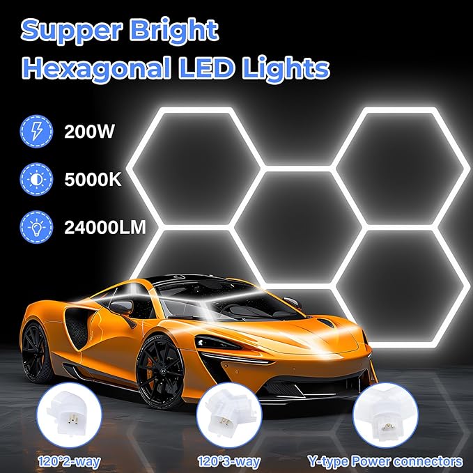 Hexagon Garage Lights - Bigger Size Hexagon Lights 200W LED,5000K 24000LM,Hex Lighting for Car Detailing,Workshop,Basement,Gym,Barber, Garage Ceiling led Light 25 Pack
