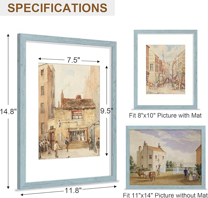Vittanly 11x14 Picture Frame, Solid Wood Frame with Plexiglass, Includes 8x10 Mat, Wall Hanging for Photos, Home Decor, Rustic Blue, 1 Pack