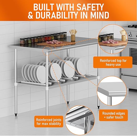 Stainless Steel Table for Food Prep & Work 24 x 48 inches Utility Table with Adjustable Undershelf, Commercial Workstation in Kitchen, Garage, Outdoor BBQ