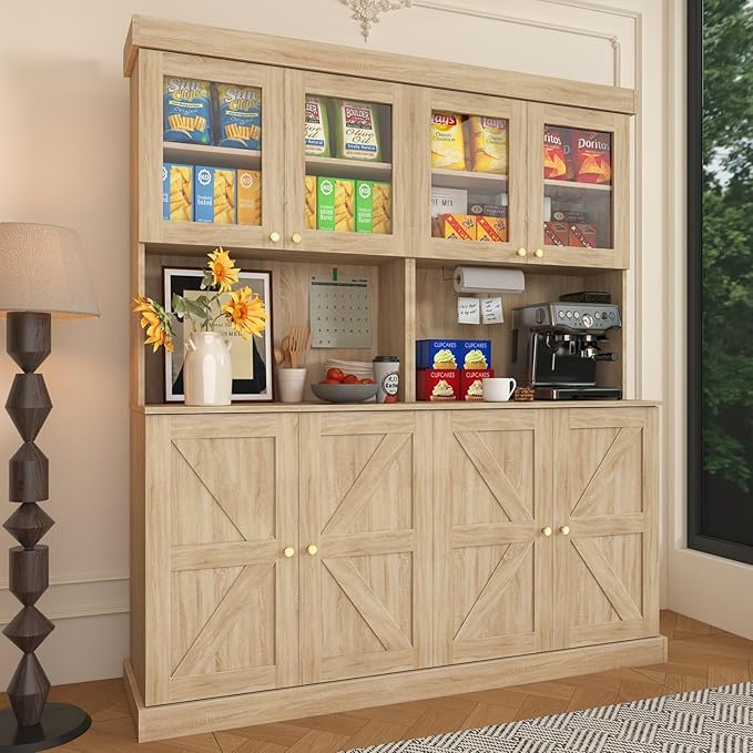 71" Tall Farmhouse Kitchen Pantry, Large Storage Cabinet with Glass Doors, Freestanding Coffee Bar Hutch with Microwave Stand, Adjustable Shelves for Kitchen, Living Room, Brown 4 Pcs