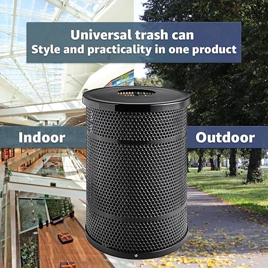 55 Gallon Perforated Trash Can with Flat Lid, Steel Outdoor Heavy-Duty Commercial Waste Bin, Round Recycle Container, Durable Garbage Can for Parks, Municipalities, Schools, Parking