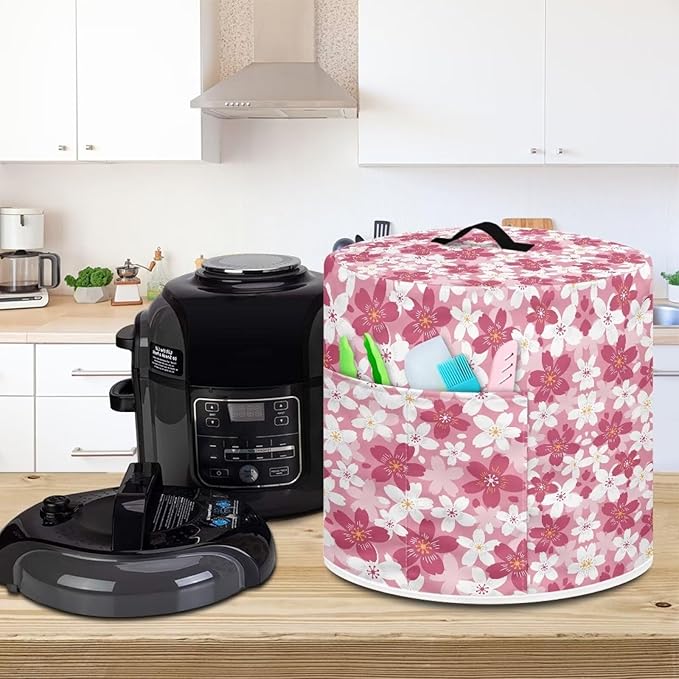 TODIYADDU Pink Cherry Blossoms Pressure Cooker Cover with Handle and Storage Pocket for Extra Accessories Portable Kitchen Small Appliance Dust Cover Protective Case Cover for Air Fryer Toaster