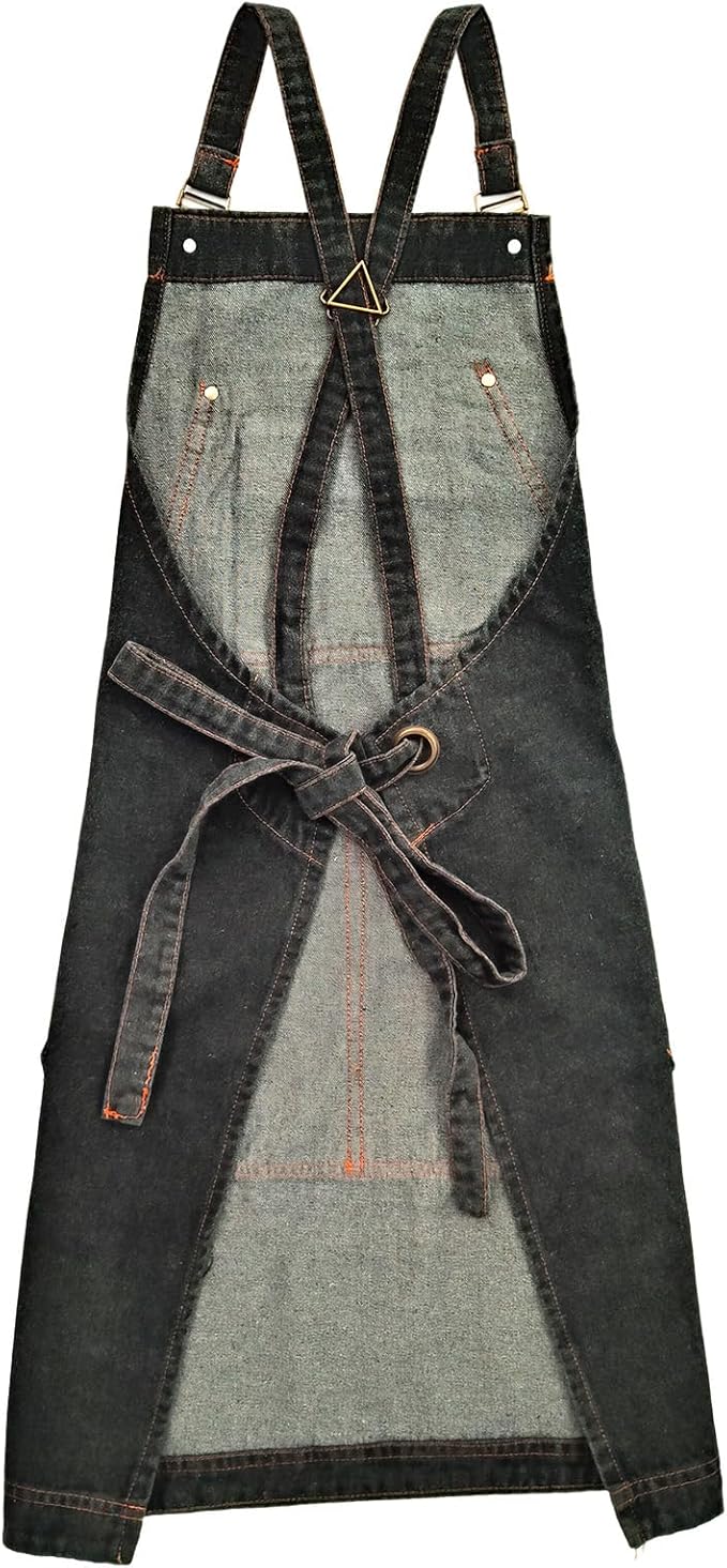 CACHIL Denim Apron with Pockets, Cross Back Apron for Men Women, Jean Work Aprons for Hairstylist Barber Grilling Gardening