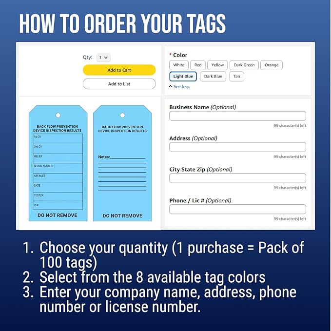Tags 4 Less Custom Backflow Preventer Inspection Tags – 2 5/8" x 5 1/4" Maintenance Record Label for Backflow Test, Waterproof Heavy Duty Vinyl Plastic for Record-Keeping (Pack of 100)