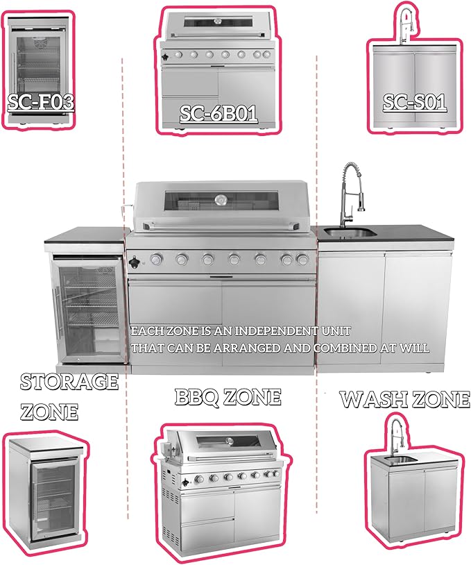 96 Inches 6-Burner 72,000 BTU Deluxe Stainless Steel Propane Gas Grill Outdoor Kitchen Island,Sink,Storage Cabinet and Beverage Refrigerator Storage&Drawers for Patio Backyard,Silver