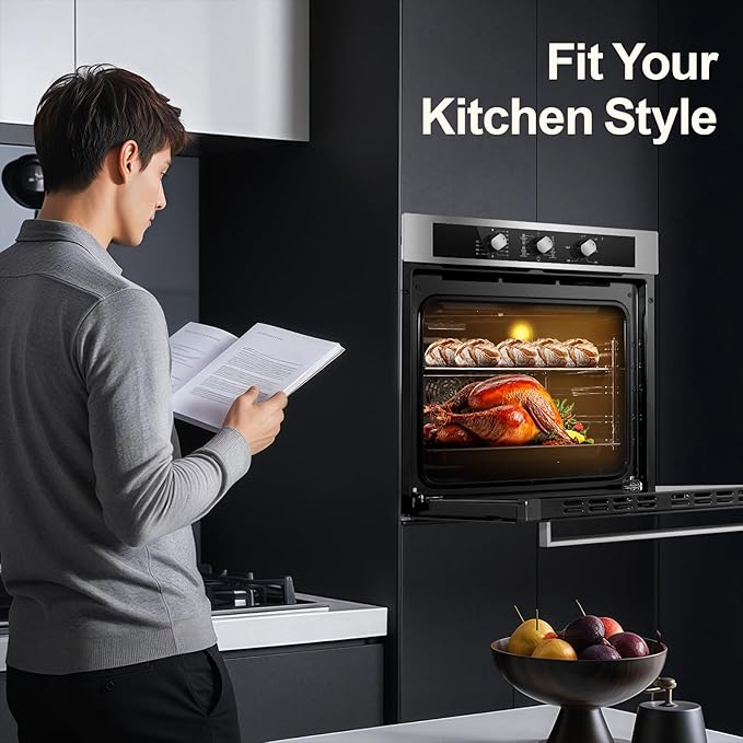 24 Inch Single Wall Oven 2.8 Cu.Ft 3220W, Electric Oven with Mechanical Knob Control, 9 Functions, 360° Rotisserie,Triple Glass Door & Enamel Cavity for restaurant, hotel, and home
