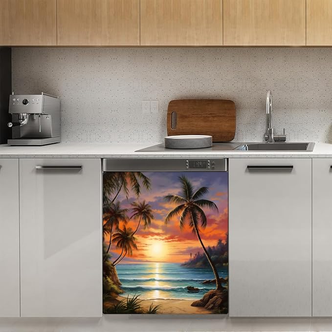 Dishwasher Magnet Cover Beach Sunset Tropical Palm Tree Reusable Dishwasher Magnetic Cover Sticker Decorative Dish Washer Door Cover Panel for Home Kitcen Appliance