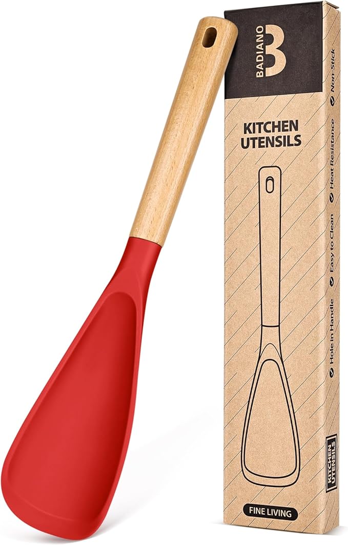 Cooking Spoon for Nonstick Cookwares, Great for Cooking and Serving Sturdy BPA-Free Matte Silicone, Wood Handle Spoon for Mixing, Scoop, and Scrape (RED, 13.4 inch)