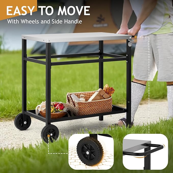 ROVSUN Upgraded Grill Dining Cart Table, Stainless Steel Bar Table Top, Movable Kitchen Island Stand for Outdoor Food Prep, Pizza Oven, Charcoal Accessories, Patio, Garden, Parties