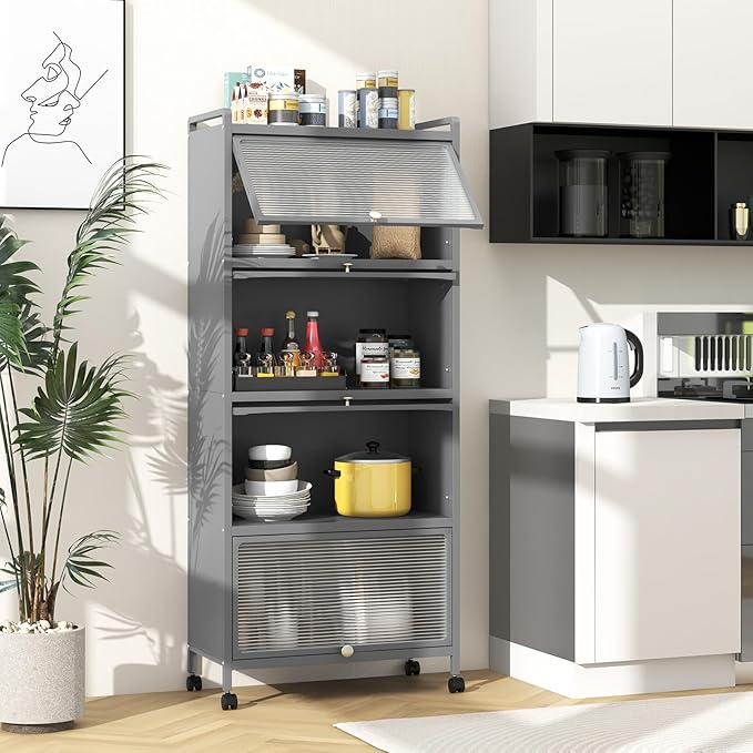 Giantex 5-Tier Kitchen Storage Cabinet, Mobile Microwave Stand with Flip-up PC Doors, Freestanding Kitchen Bakers Rack with 4 Rolling Casters, for Dining Room, Living Room and Study, Grey