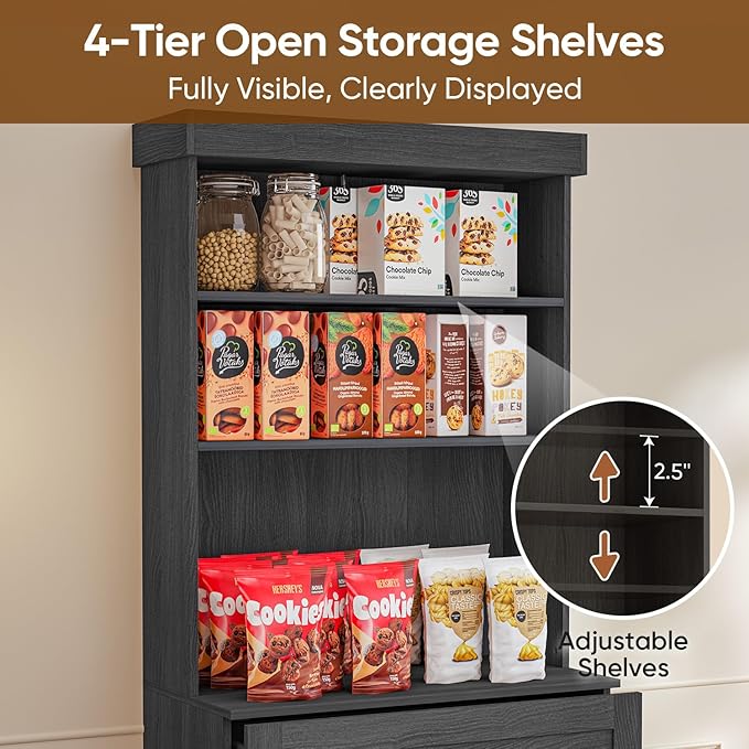 71" Tall Farmhouse Kitchen Pantry, Black Large Storage Cabinet with Glass Doors and Drawers, Freestanding Coffee Bar Hutch with Microwave Stand, Adjustable Shelves for Kitchen or Living Room, Set of 4