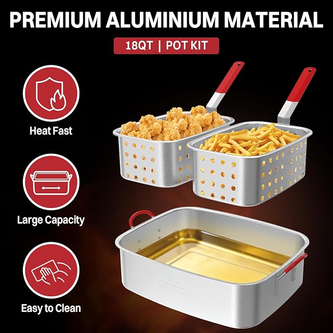 18QT Outdoor Propane Deep Fryer | Include 2 Baskets | Lid | 9" Fryer Tong | 6" Thermometer | Fish Fryer Pot with 50,000 BTU Propane Burner | Ideal for Fish, Chicken Wings & French Fries