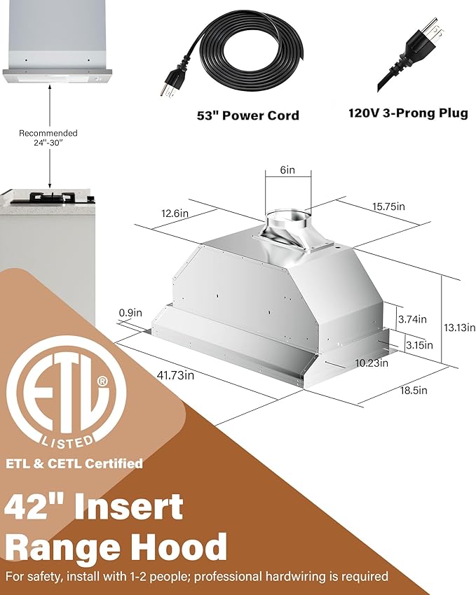 42 inch Stainless Steel Insert Range Hood - 900 CFM, Ultra-Quiet 4-Speed Vent, Touch/Remote Control, LED Lights, Ducted/Ductless Convertible