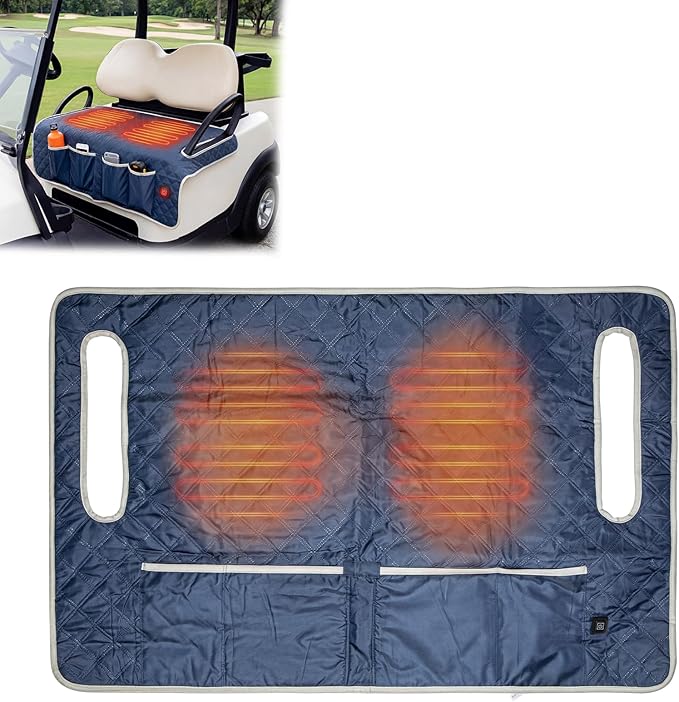 Heated Golf Cart Seat Cover USB, Golf Cart Heater USB Power, Universal 2-Person Winter Heated Golf Cart Seat Pad 3-Level Heating for Yamaha EZGO Club Car, Navy Blue