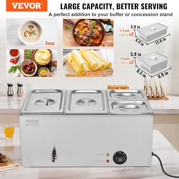VEVOR 4-Pan Commercial Food Warmer, 24QT Electric Steam Table, 1200W Professional Countertop Stainless Steel Buffet Bain Marie with 86-185°F Temp Control for Catering and Restaurants, Silver