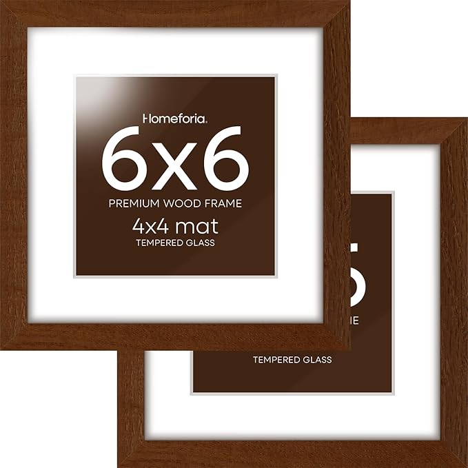 Homeforia 6x6 Picture Frame Brown, High-End Dark Oak 6 x 6 Square Brown Wood Frame with Mat 4 by 4 for Art, 6by6 Wooden Walnut Poster Frame Matted to 4x4 inch Photo, Tempered Glass, Wall Kit, Set of 2