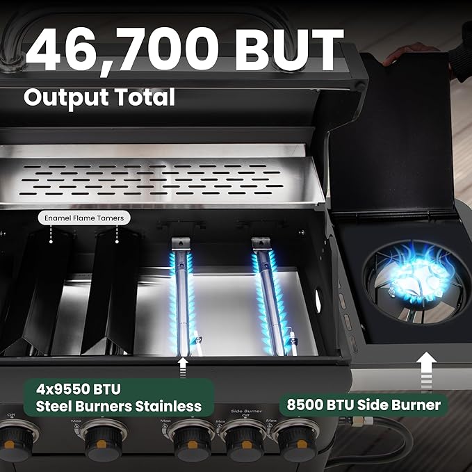 2 in 1 Propane Gas BBQ Grill with Side Burner & Porcelain-Enameled Cast Iron Grate, 4-Burner Flat Top Grill, 46,700 BTU Outdoor Barbecue Propane Griddle Grill Combo for Camping, Patio, Backyard