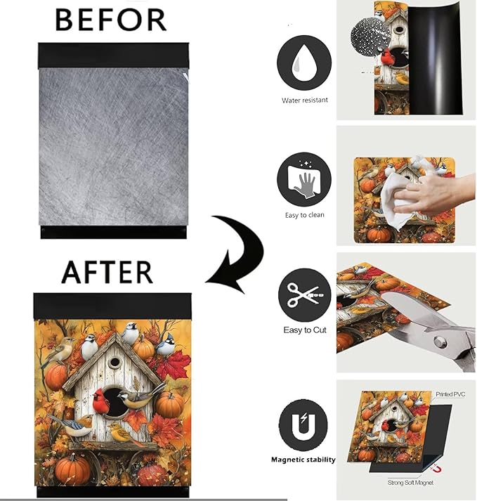 Farmhouse Fall Harvest Birdhouse Dishwasher Magnet Cover,Pastoral Pumpkins Magnetic Dishwasher Cover Vinyl Sticker,Fridge Door Cover Magnets Art Skin Panel Decal,Home Decor Decal,23"X26"