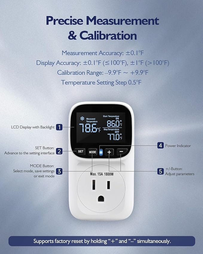 Digital Temperature Controller, Heating & Cooling Thermostat Plug Outlet, –40°F~210°F, 15A 1800W, LCD Display, Temperature Controlled Outlet for Home, Greenhouse, Chicken Coop, Reptile