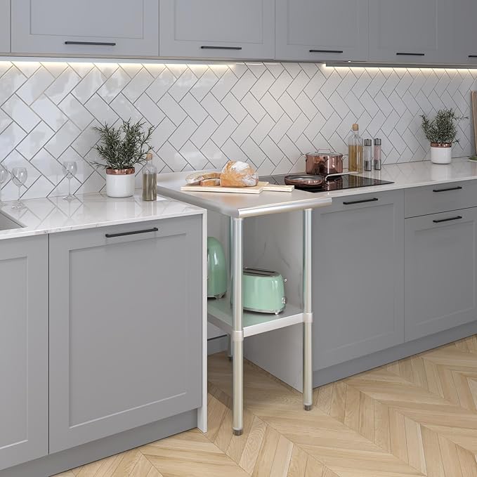AmGood Stainless Steel Work Table with 1.5" Backsplash | Metal Kitchen Food Prep Table | NSF (18" Long x 30" Deep)