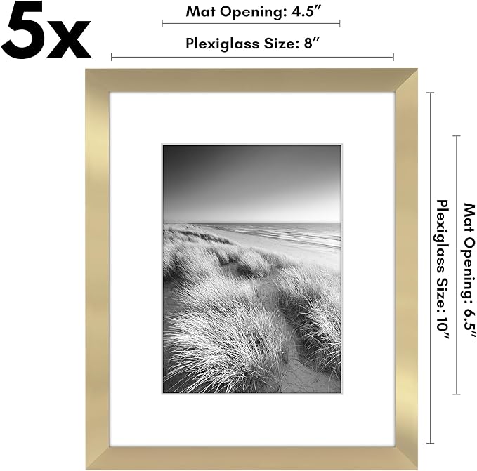 Americanflat 8x10 Picture Frame with Polished Plexiglass - Set of 5 - Use as 5x7 Frame with Mat or Display 8x10 Photo Without Mat - Galleria Collection - Picture Frames for Tabletop and Wall - Gold