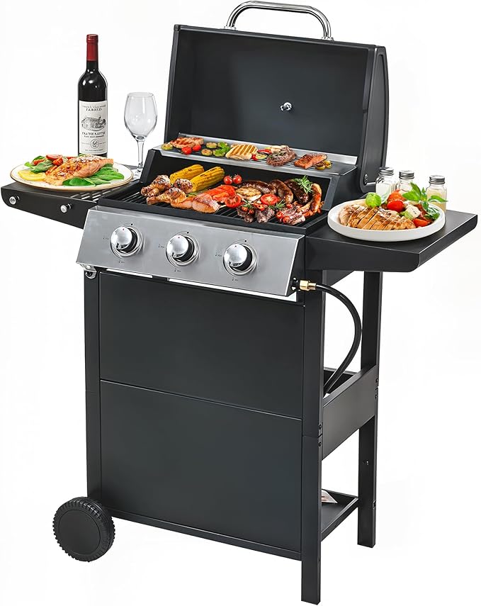 3 Burner Propane Gas Grill, Stainless Steel BBQ Grill 30,000 BTU for Outdoor Cooking Kitchen, Garden and Patio Backyard Barbecue, Black and Silver