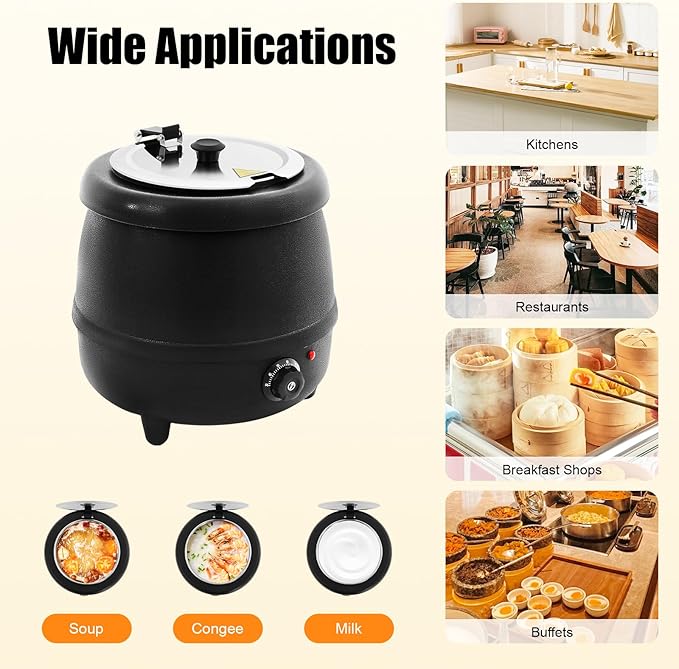 10.5QT Soup Warmers, Electric Soup Pot Commercial Soup Kettle with Stainless Steel Hinged Lid and Detachable Insert Pot, Temperature Control Knob for Restaurants and Party, Catering (Black)