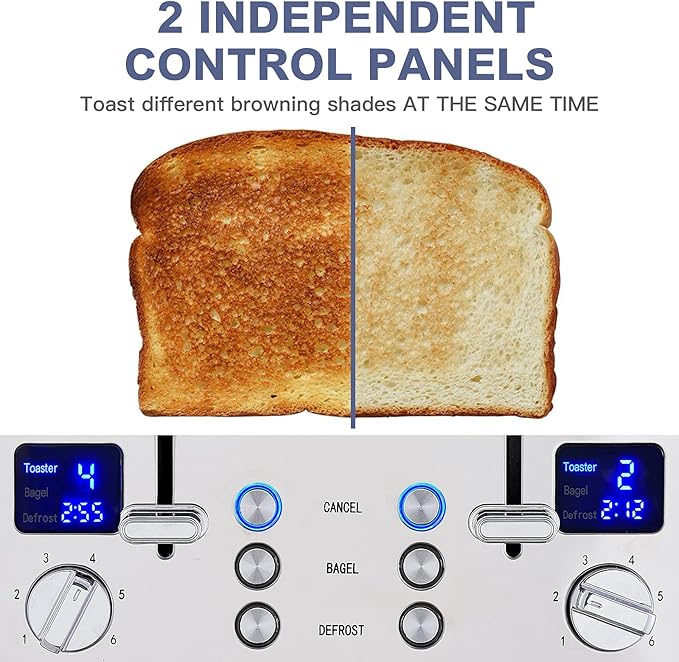 CUSIMAX 4 Slice Toaster, Ultra-Clear LED Display & Extra Wide Slots, Dual Control Panels of 6 Shade Settings, Cancel/Bagel/Defrost Function, Removable Crumb Trays, Stainless Steel Toaster