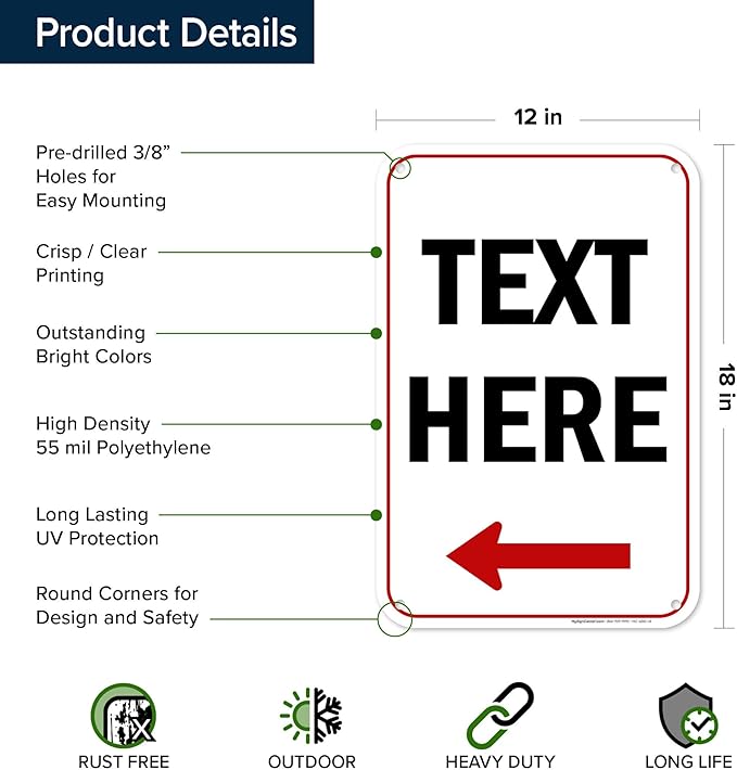 Custom Arrow,Custom Directional Sign, Left Arrow,12x18 Inches, 55 mil thick HDPE (high density polyethylene) Made in USA by My Sign Center