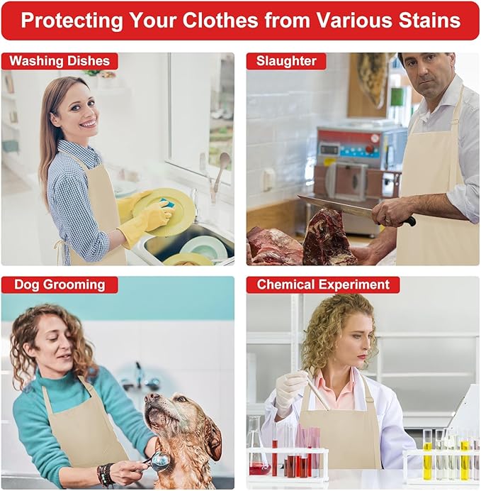 3-Layer Waterproof Apron - Pocket-Free Hygienic Design for Dishwashing & Dog Grooming - Lightweight Durable Protection for messy Kitchen Cooking, Baking, for Men & Women (3 Pack,Beige)