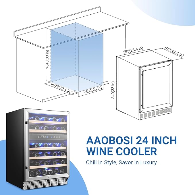 AAOBOSI Upgraded 24 Inch Wine Fridge, 48Bottles Wine Cooler with Dual Zone, Freestanding and Built-in Wine Refrigerator with Adjustable Shelves and Safety Lock, Double-Layer Glass Door, LED Light