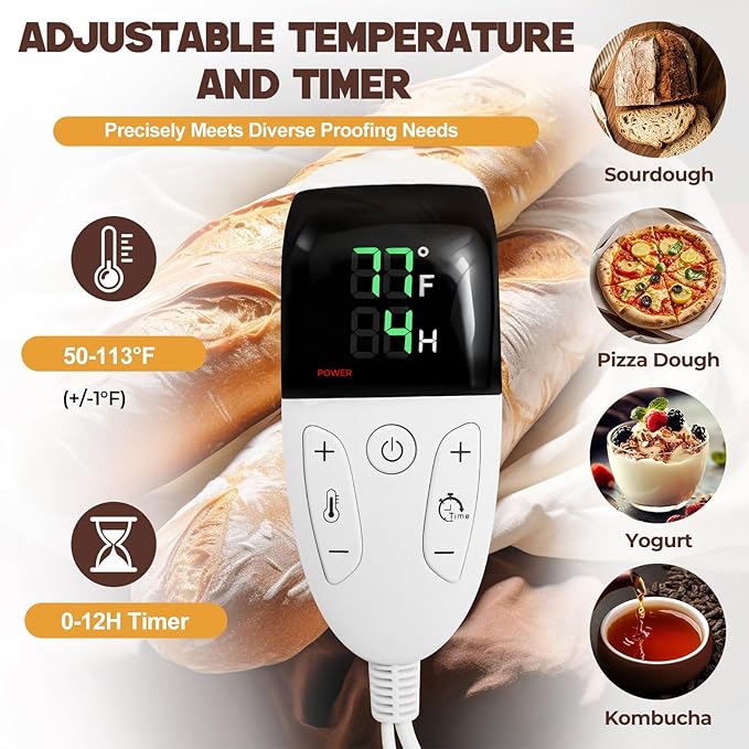 Bread Proofing Box with 50-113℉ Temp Control & 1-12H Timer, Foldable Dough Proofer with Metal Rack, Proofing Box for Sourdough, Bread Baking, Pizza, Yogurt, Kombucha, Space-Saving & 5-Layer Fabric