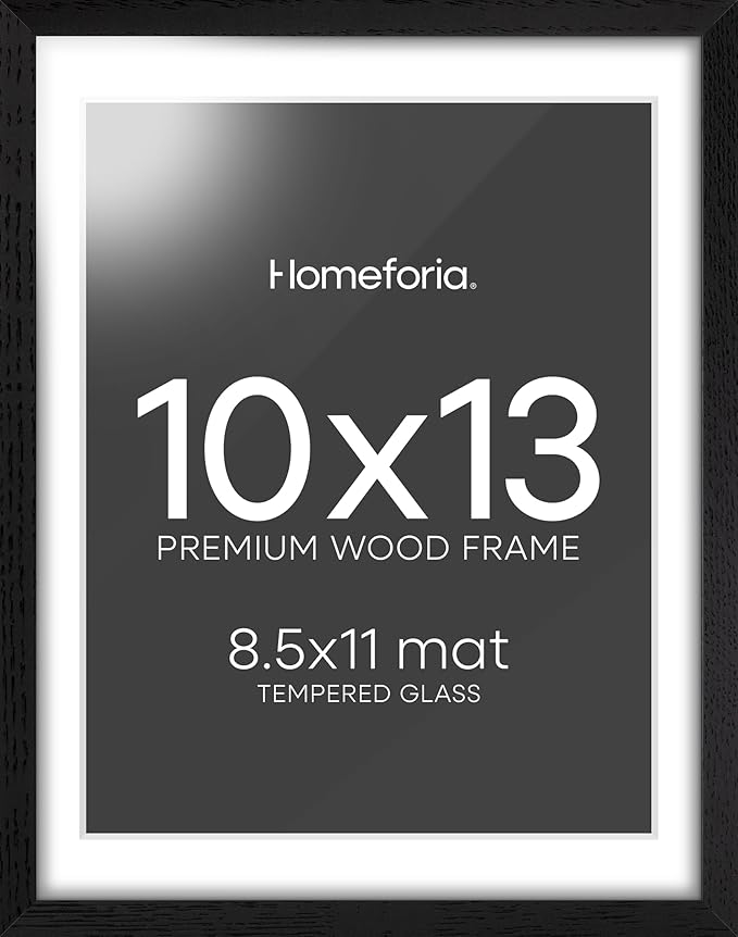 Homeforia 10x13 Picture Frame Black Wood, High End Oak 10x13 Poster Frames with Mat 8.5x11, 10 x 13 Wooden Frames Matted to 8.5 x 11 inch Photo, 13x10 Hanging Frame, Tempered Glass, Wall Kit, Set of 1