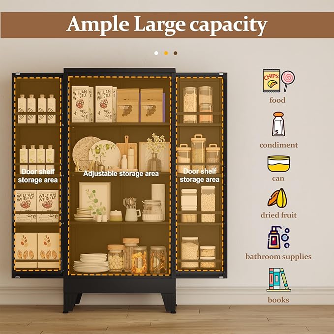 Metal Kitchen Pantry Cabinet, Storage Cabinets with 2 Door and 3 Adjustable Shelves, Black Freestanding Food Storage Cabinet, Steel Cupboard for Kitchen Dinning Room
