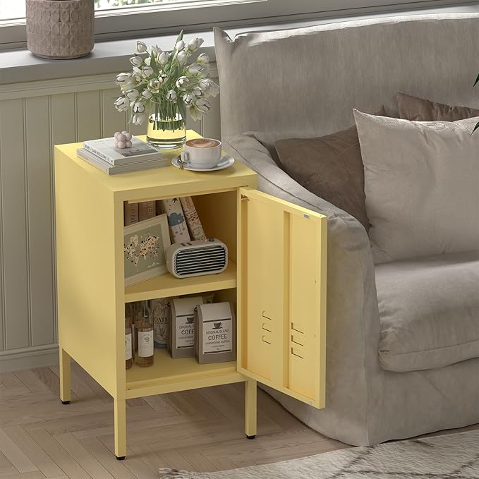 Locker Nightstand,Metal Nightstand with Door, Modern End Side Table with Shelf,Steel Bedside Storage Cabinet for Living Room,Bedroom,Office,Yellow