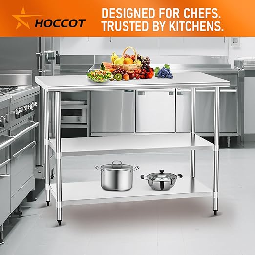 Stainless Steel Table for Food Prep & Work 24 x 60 inches with 2 Adjustable Undershelves, Commercial Workstation in Kitchen, Garage, Outdoor BBQ