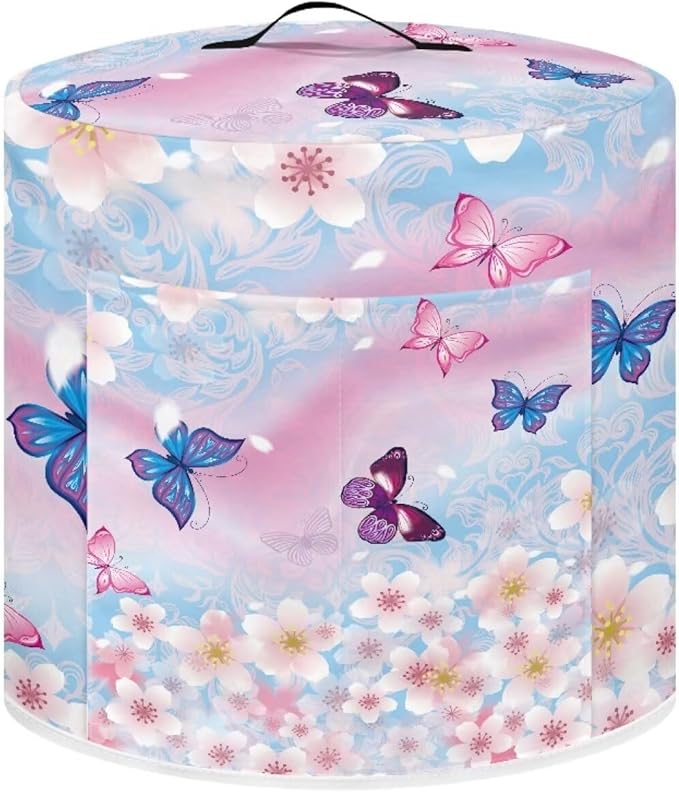 Pink Butterfly Kitchen Appliance Dust Covers Blue Butterfly Cover for Appliances Flower Fryer Dust Covers Pot Covers with Handle and Pocket Rice Cooker Covers Dust-Proof