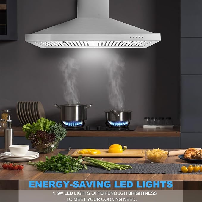 Range Hood, Range Hoods 30 inch Stainless Steel, 450 CFM Kitchen Hood with LED Light Baffle Filters, 3 Speed Exhaust Fan Vent Hood