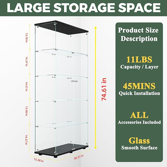 Glass Display Cabinet with LED, 5 Shelves with 2 Doors, Curio Storage Cabinets with Lock for Living Room, Office, Floor Standing Glass Bookshelf, Quick Installation - Black