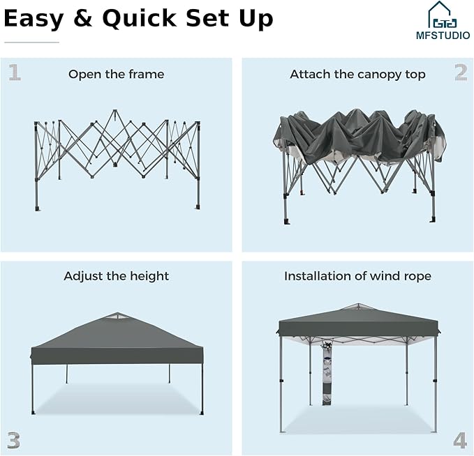 MFSTUDIO 10x10 Pop up Canopy Tent, Gazebo Shelter Sun Shade Canopies One Push Setup Portable Popup Easy Set up Tents with Vented Top,Storage,4 Sandbags,for Beach,Parties,Camping