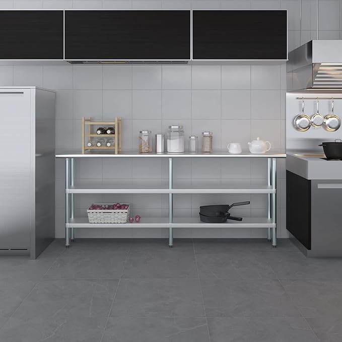 AmGood Stainless Steel Work Table with 2 Shelves | NSF | Metal Utility Table (84" Long x 14" Deep)