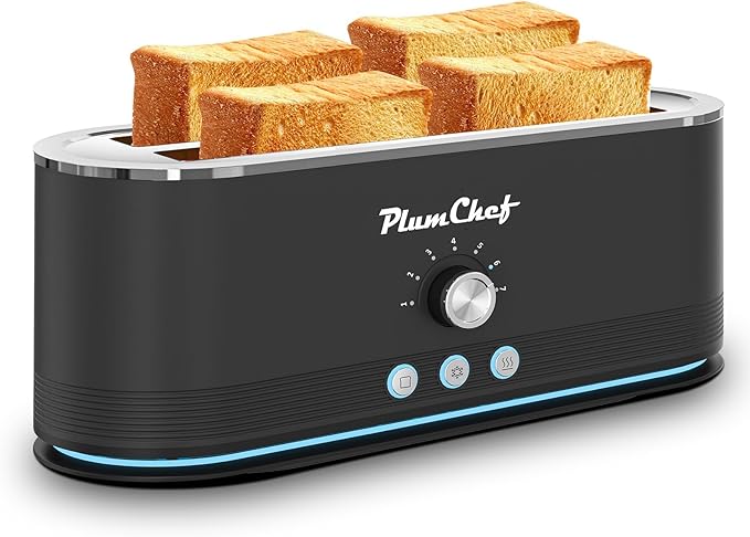4-Slice Toaster, Extra Wide Long Slot Toaster, 7 Browning Settings, Defrost/Reheat Functions, Removable Crumb Tray, Stainless Steel Housing 1350W, Anti-Fingerprint & Anti-Jam(Black)