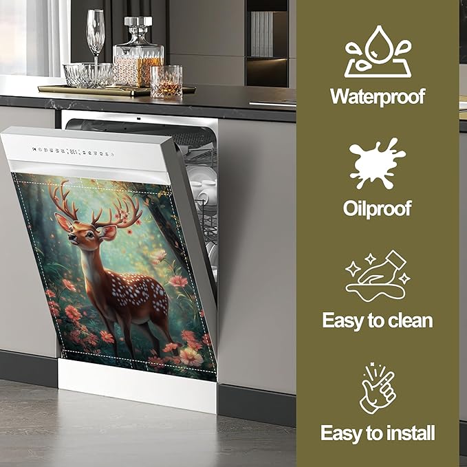 Magnetic Dishwasher Cover,Beautiful Deer Reusable Dishwasher Magnetic Cover Forest Decorative Door Covers Panel for Home Kitcen 23" x 26"