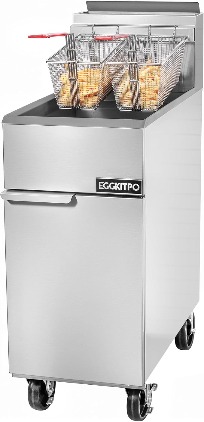 EGGKITPO Commercial Liquid Propane Gas Fryer 3 Burnner 90,000 BTU CSA Certified Commercial Deep Fryer with 40lb. Oil Capacity Stainless Steel Floor Fryer with 2 Baskets for Restaurant and Business Use