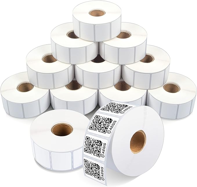Aegis Adhesives - 1 1/4" X 1" Direct Thermal Labels (12 Rolls, 1300 Labels/Roll) Multipurpose QR Codes, Price Tags - Perforated, Compatible with Zebra Desktop Printers - NOT Rollo Compatible