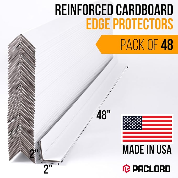 48" x 2" x 2" Reinforced Cardboard Edge Protectors, White (Pack of 48) – 0.16" Thick Heavy-Duty Cardboard Corner Protectors for Shipping – American Quality V-Board Pallet Edge Guard