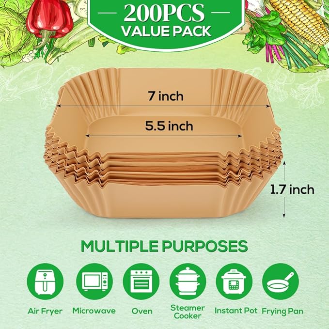 BYKITCHEN Small Air Fryer Liners for 1 to 3 QT Airfryer, Set of 200, 5.5in Mini Air Fryer Parchment Paper, Compatible with CHEFMAN 2 Quart, Cosori 2.1QT, Dash 2.6Qt, Instant Pot Vortex 2QT Airfryer