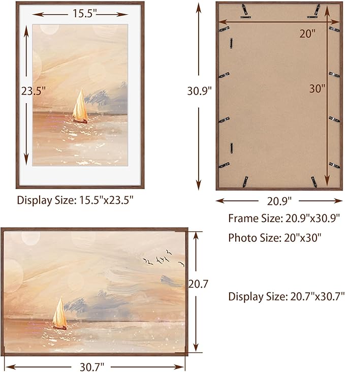 Fun Memories 20x30 Picture Frame 2 Packs, Solid Oak Wood Frames 20 x 30 for Home Decor, Large 20"x30" Poster Frame with Tempered Glass, 20x30 Frames Matted to 16x24, Walnut Color
