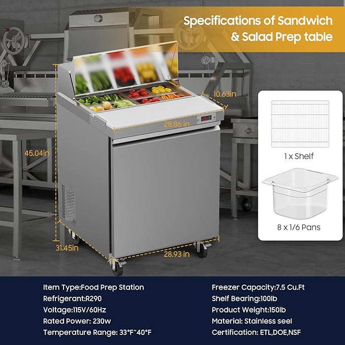 29" Commercial Refrigerator Sandwich&Salad Prep Table Fridge with 8 Pans 1 Door Stainless Steel Counter Fan Cooling Refrigerators