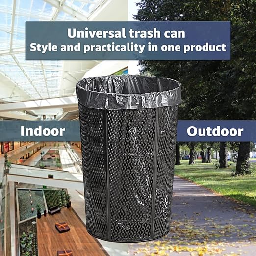 48 Gallon Mesh Black Trash Can, Steel Outdoor Heavy-Duty Commercial Waste Bin, Round Recycle Container, Durable Garbage Can for Parks, Municipalities, Schools, Parking